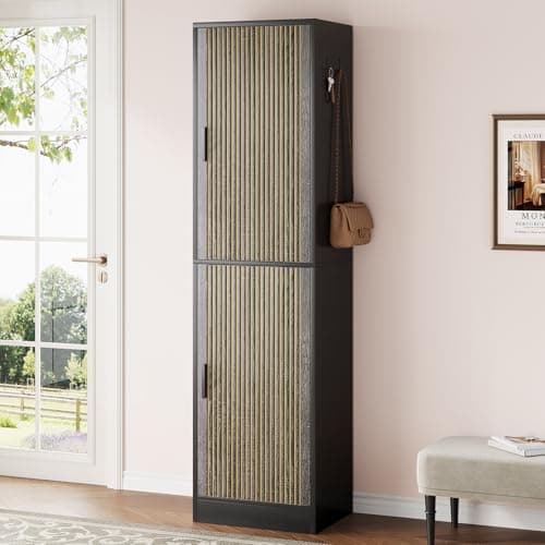 Condemo Shoe Cabinet with Slipper Rack, 10-Tier Narrow Tall Shoe Storage Cabinet with Adjustable Shelves, Modern Shoe Organizer Cabinet for Entryway, Gray Brown and Black