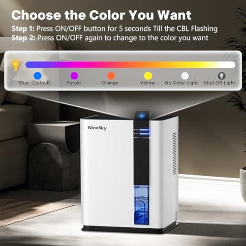 NineSky Dehumidifier for home, 98 OZ Dehumidifier for Room, Dehumidifiers for Bathroom, Bedroom, Basement (800 sq. ft.) with Auto Shut Off, 5 Colors LED Light(H2 White) 6