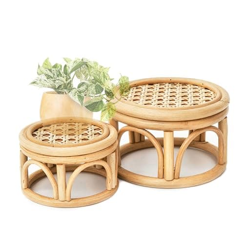 Set of 2 Small Boho Rattan Wicker Round Riser Plant Stand Indoor,Rustic Farmhouse Natural Wooden Circle Pedestal for Decor & Display, Tabletop, Office Decor