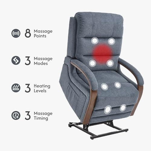 FLEXISPOT Dual Motor Electric Lay Flat Reclining Chair with Massage & Heat, Power Lift Recliner Chair for Elderly with Side Pockets, Fabric Single Sofa for Living Room, Blue-Gry 5