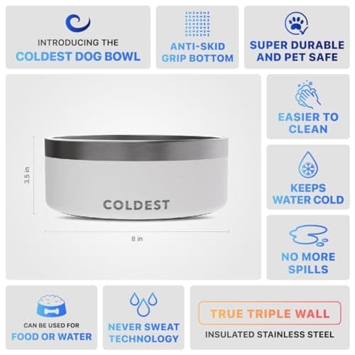 Coldest Dog Bowl - Anti Rust Metal, Non Slip, 3 Layers Insulated Stainless Steel Dog Bowls - Spill Proof & Heavy Duty - Water Bowl for Dogs, Cats & Pets, Dish Washer Safe (64 oz, Epic White) 5