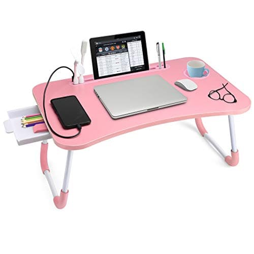 Slendor Lap Desk with Tablet Slot, Foldable Laptop Table with Storage Drawer for Bed，Portable Bed Desk for Laptop, Computer Tray with Cup Holder Notebook Stand Reading Holder for Couch Floor, Pink