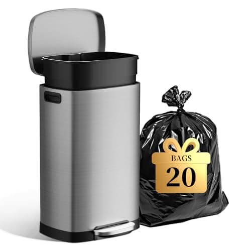 KdbK 13 Gallon Trash Can with Lid, 50L Fingerprint Proof Stainless Steel Kitchen Trash Can with Removable Inner Bucket and Lid Soft Close, Pedal Rubbish Bin for Home Office（Silver）