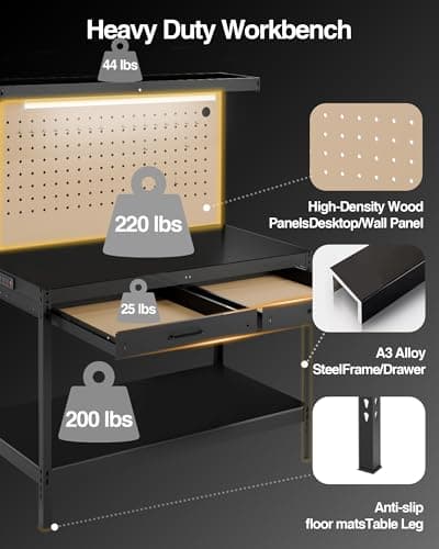 Pterying Work Benches for Garage, Heavy Duty Workbench with Drawers, Lights, Pegboard & 12 Hooks,60OLBS Capacity, Suitable for Tool Organizers and Storage, for Garage, Workshop, Basement,Garden 7