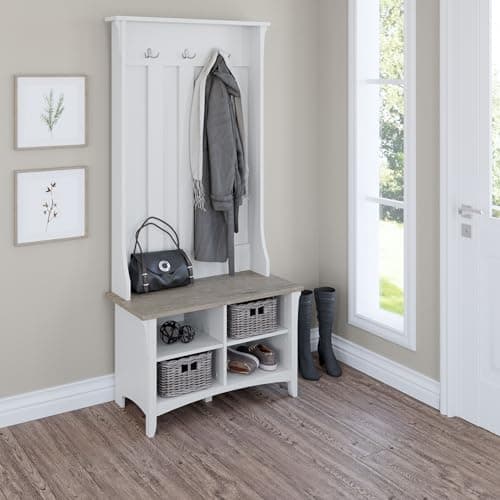 Bush Home Salinas Hall Tree with Shoe Storage Bench in Shiplap Gray and Pure White, Multi-Purpose Home Organizer, Entryway Solution with Seating and Hooks 2
