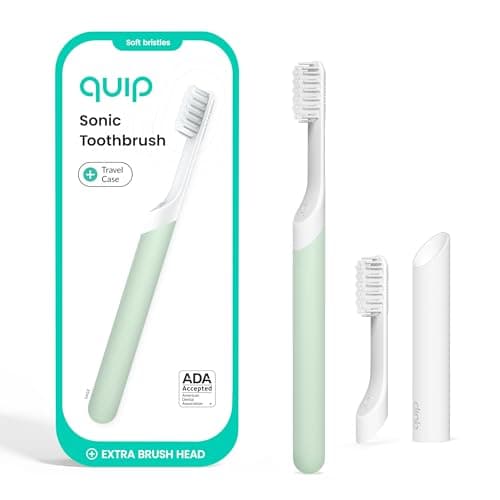 Quip Sonic Electric Toothbrush for Adults - Time Travel & Soft Bristles with Travel Case & Replacement Brush Head - 3 Month Battery Life, Plastic Handle - Sage