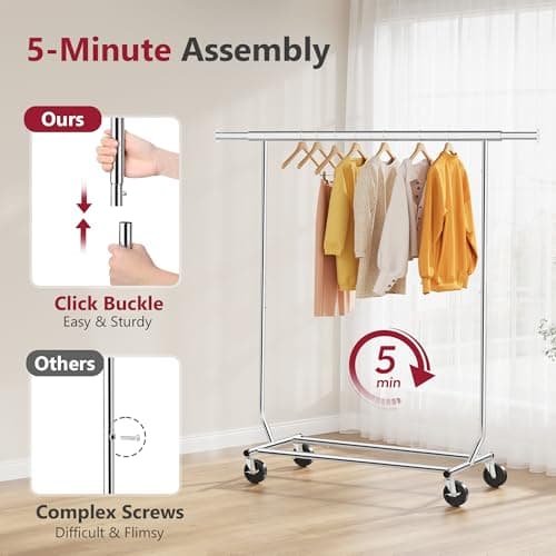 Tajsoon Clothes Rack Heavy Duty Clothing Rack Load 350 LBS, Rolling Garment Rack with Wheels and Extendable Rod, Collapsible Clothing Rack for Hanging Clothes with Bottom Shelf, Chrome 6