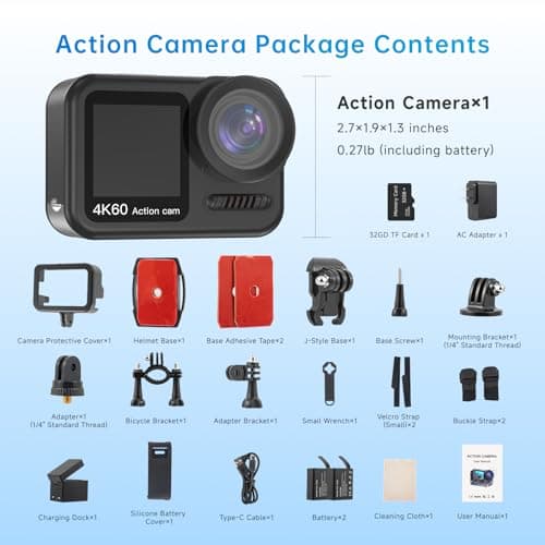 Xoieod 4K 60FPS Waterproof Action Camera,Bare Metal 66FT Underwater Camera,2" Touch Dual Screen Sports 6-Axis Stabilization,2 Batteries Internal Microphone Vlog Camera for Diving Cycling Outdoor 8