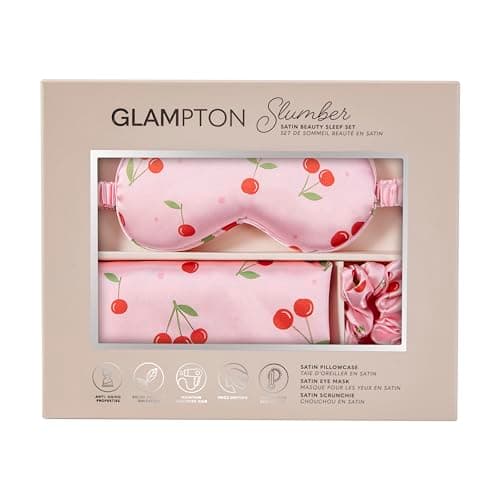 Glampton Slumber Satin Beauty Sleep Set, Cherry, 3-Piece Set with Pillowcase, Eye Mask, and Scrunchie