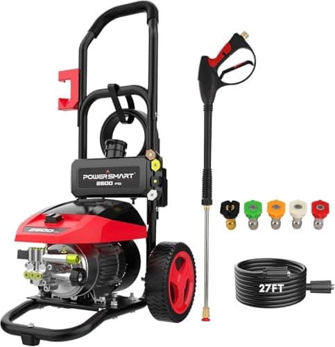 PowerSmart DB1002 2600 PSI Electric Pressure Washer with Induction Brushless Motor, 1.2 GPM High Pressure Cleaner, 5 Nozzles, 8” Wheels, Detergent Tank, for Car, Patio, Fence, Driveway Cleaning