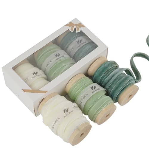 HUIHUANG Velvet Ribbon 3/8 inch Double Face Dusty Green/Sage Green/Ivory Velvet Ribbon Set for Gift Wrapping, Christmas Tree Ornaments, Wreath Decor, Invitations, Fall Decor- 15 Yards/Set