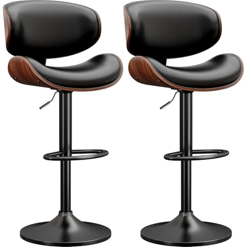 YaFiti Swivel Bar Stools Set of 2 for Kitchen Counter, Adjustable Bentwood Barstools, Modern PU Leather Upholstered Bar Chair with Back and Footrest, for Bar, Kitchen, Dining Room, Black