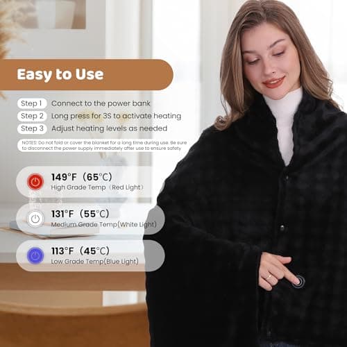 TZOSDOBO Cordless Heated Blanket, Battery Operated Heating Blanket with 20000mAh Rechargeable Power Bank, Portable Heated Throw Blanket, 59"x 35.5" Electric Heated Shawl, 3 Fast-heating Levels (Black) 4