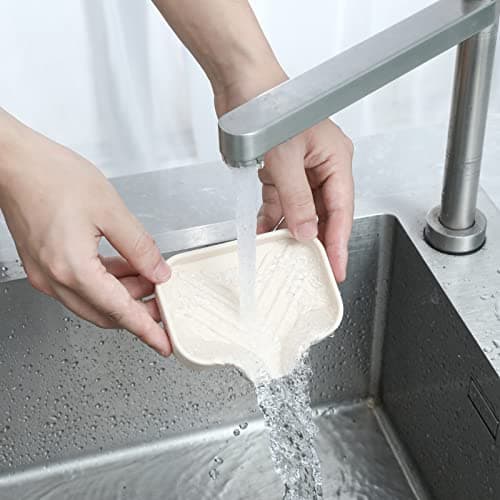 MicoYang Silicone Bathroom Soap Dishes with Drain Spout-Bathroom and Kitchen Sink Organizer,Sponge Holder,Dish Soap Tray,Perfect for Dispenser,Scrubber,Bottle,Cup on Sink or Counter-Tapioca 4.9"×3.2" 7