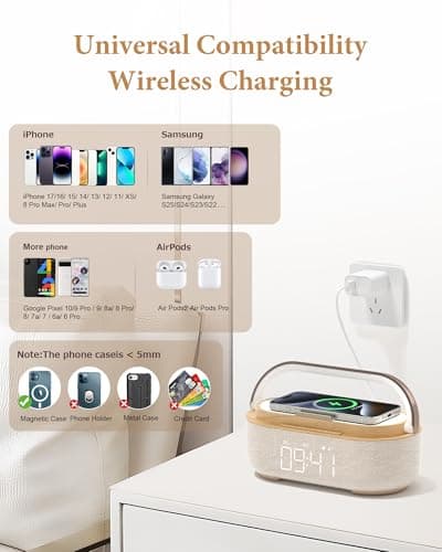 COLSUR Bluetooth Speaker Alarm Clock with Wireless Charger, FM Radio, Adjustable LED Night Light, 6 in 1 Bedroom Portable Speaker 2500mAh, Phone Stand for Bedside, Home, Office, Gift (Wood) 7