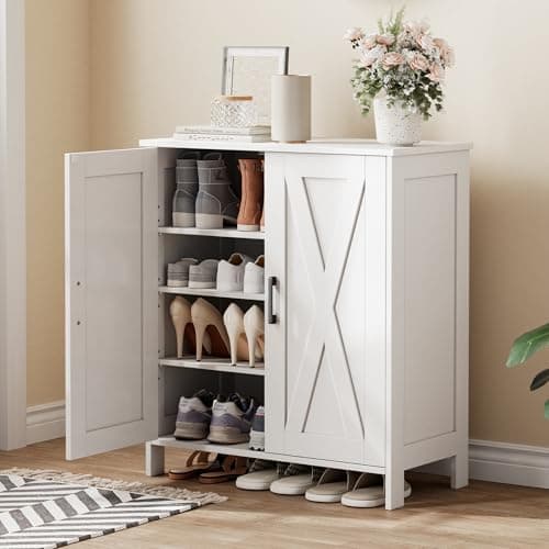Homleke Farmhouse Shoe Cabinet with 2 Barn Doors & Wood Legs, 5-Tier Shoe Storage Cabinet with 3 Adjustable Shelves, Tall Shoe Rack Organizer for Closet, Shoe Organizer for Entryway, Hallway, White