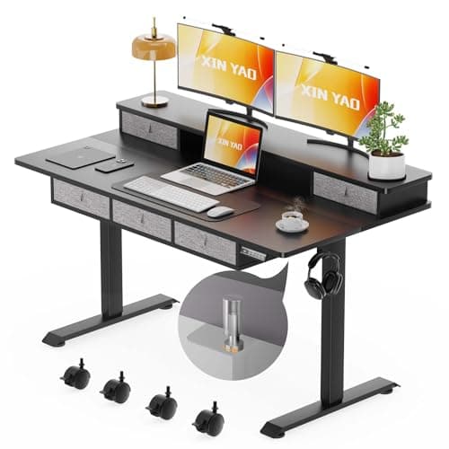 XINYAO Electric Standing Desk with 5 Drawers, 55x30 Inch Extra Wide Height Adjustable Sit Stand Up Desk with Storage Support 290lbs Ergonomic Rising Table with Wheels for Home Office
