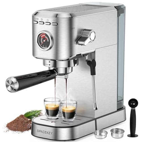 Spacekey Espresso Machine 20 Bar, Professional 1350W Espresso Maker with Milk Frother, Compact Stainless Steel Cappuccino & Latte & Americano Maker with 39oz Removable Water Tank, Silver