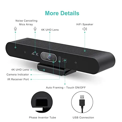 RayBit 4K Pro Audio and Video Conference Room Camera with Remote Control for Windows TV, AI-Powered HD Webcam with Microphone & Speaker for Desktop Computer/PC/Monitor/Laptop/Teams/Zoom/Skype 6