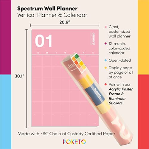 Poketo - Undated Monthly Vertical Wall Calendar 30" x 20" - 12 Month Minimalist Wall Planner - Monthly Calendar - Eco Friendly Paper - Office Supplies - Ideal for Office & Home - 2024 - Rainbow Combo 5