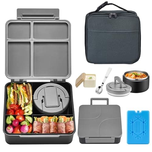 Bento Lunch Box with 8oz Soup Thermo,Kids Leakproof 4 Compartment Lunch Food Containers with Sauce Cup and Ice Pack,Kids Thermo Insulated Hot Food Jar and Lunch Bag for School,Trvael-Black