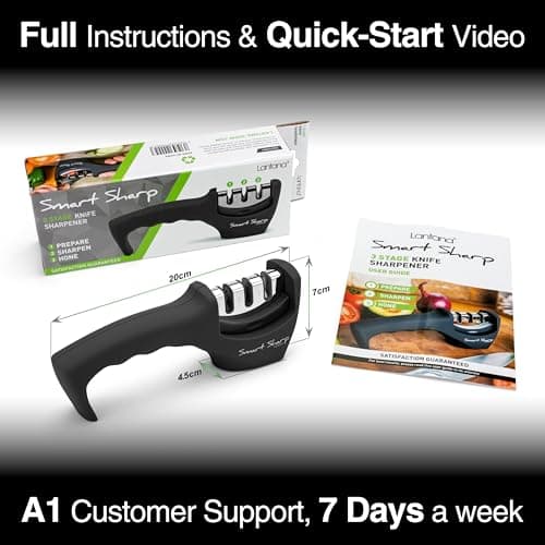 Lantana Knife Sharpener 'Smart Sharp' - Professional 3 Stage Manual Sharpener for Sharpening Kitchen Knives - Ceramic Stone, Tungsten Carbide Plates, Diamond rods. Ergonomic Design, Black/Chrome 7