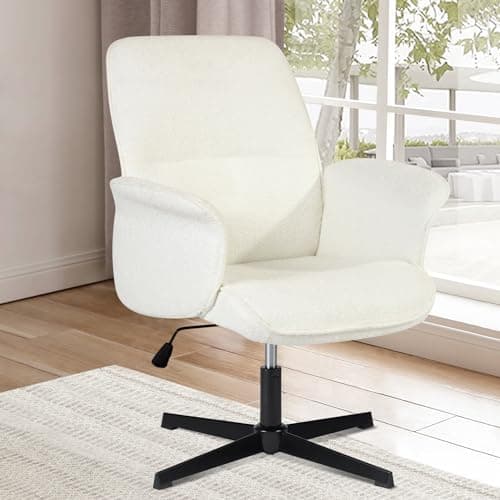 FurnitureR Home Office Desk Chair Comfy Ergonomic Padded Linen Fabric Upholstered，Adjustable Swivel Mid-Back Stylish Accent Vanity Chair, No Wheels, Beige