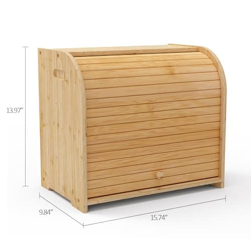 FoverOne Bamboo Bread Box for Kitchen Countertop, Roll-top Breadbox Breads Storage Boxe with Adjustable Middle Shelf 8