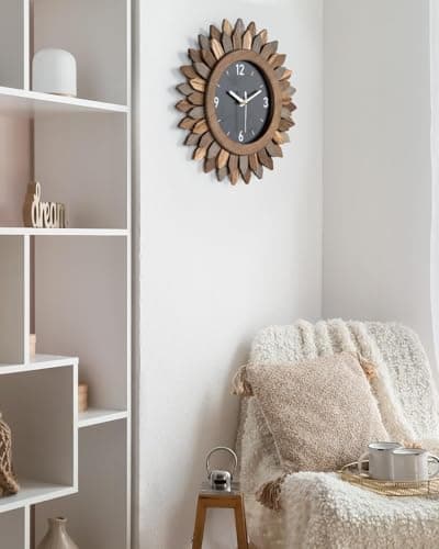 Honiway Wall Clock Battery Operated 12 in Rustic Wood Boho Sunburst Decorative Wall Clock Silent Non Ticking Farmhouse Small Wall Clocks for Living Room Kitchen Bathroom Bedroom Decor (Tricolor) 7