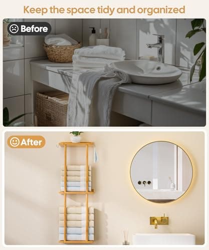 Cozivolife Towel Rack Bamboo for Bathroom, 3 Tier 32.7 inch with 2 Hooks and Shelf Wall Mounted Storage Organizer Shelf, Large Capacity Holder (Natural) 7