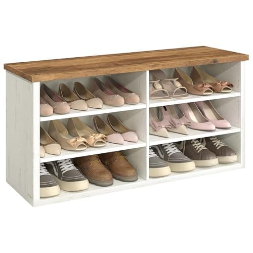 VASAGLE Shoe Bench, Storage Bench, 6 Compartments, Adjustable Shelves, for Living Room, Entryway, Dorm, 11.6 x 39.4 x 19.7 Inches, Rustic White and Honey Brown ULSB036W02
