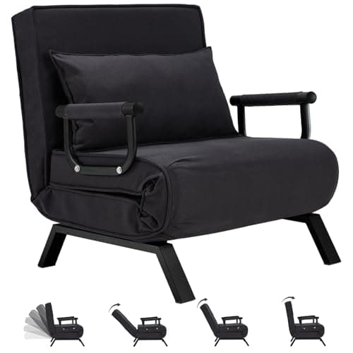 Hupmad Convertible Bed Sleeper Chair,Tri-fold Upholstered Armchair Sleeper with Pillow,Folding Leisure Chaise Lounge Couch,6 Angle Adjustable Backrest Single Lazy Bed for Office (Black, Regular)
