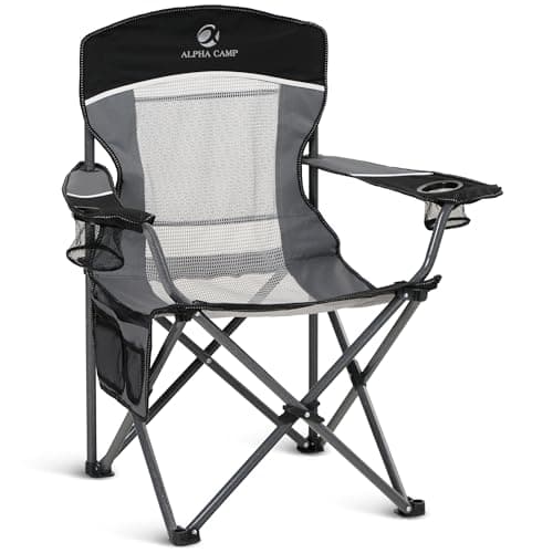ALPHA CAMP Oversized Mesh Back Camping Folding Chair Heavy Duty Support 350 LBS Collapsible Steel Frame Quad Chair Padded Arm Chair with Cup Holder Portable for Outdoor (Black/Grey)