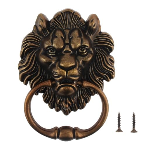 HOJLKLD 6 Inch Lion Head Knocker, Classical Decorative Front Door Knocker Pull Handle with Mounting Screws (1, Antique Bronze)