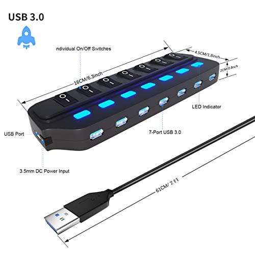 ONFINIO USB Hub 3.0, 7 Port USB Hub Splitter with Individual On/Off LED Switches, 5Gbps HighSpeed Data USB Extension for Laptop, iMac, USB Flash Drives, Mobile HDD, Printer, Camera and More 6