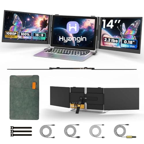 Hyangin Triple Laptop Screen Extender 14-inch, 2026 Upgraded Ultra-Slim 1080P FHD Displays for Laptop, Ultra-Light Triple Monitor for 13.3-17.3" Laptops, Compatible with Windows/Mac/Chrome OS/Phones