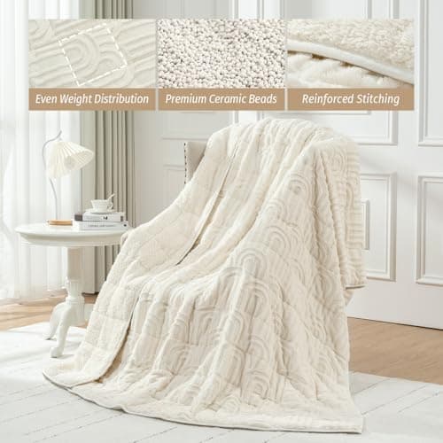 Wemore Jacquard Fleece Weighted Blanket King Size 80" x 87" 15lbs, Ultra Soft Cozy Sherpa Weighted Blankets for Adults, Ultra Fuzzy Heavy Blanket for Sleep, Fluffy Warm Throw for Bed, Cream White 5