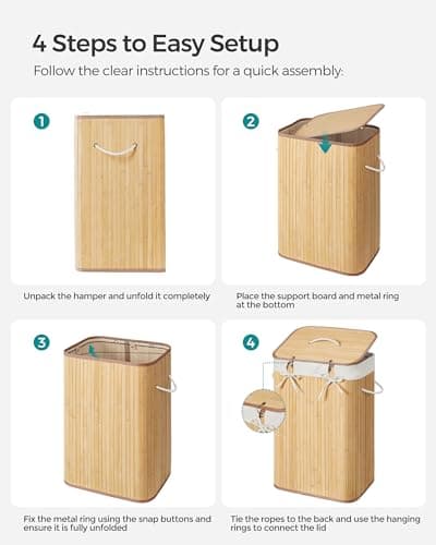 SONGMICS Foldable Laundry Hamper with Lid, 19 Gal. Bamboo Laundry Basket, Rectangular Storage Hamper with 3 Handles, 15.7 x 11.8 x 23.6 Inches, for Laundry Room, Bedroom, Natural ULCB10YV1 9
