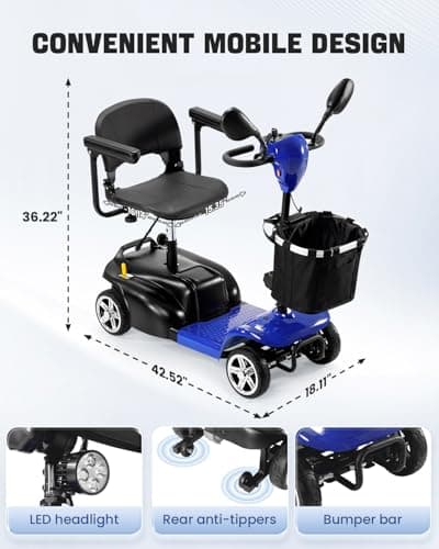 30 Miles 4 Wheel Battery Powered Electric Mobility Scooter - Electric Transportation Wheelchair - Compact Heavy Duty Mobility for Travel, Adults and Seniors Includes Basket and Charger (Blue-Upgrade) 9
