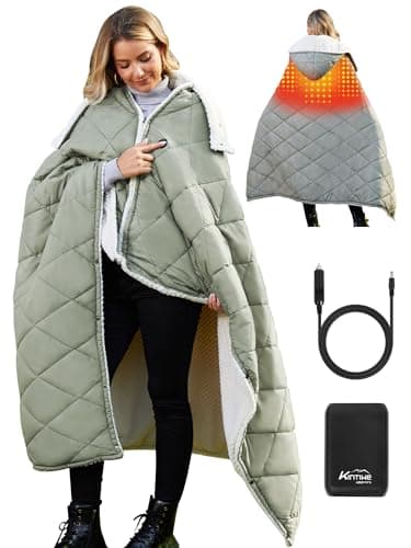 Kintiwe Pro Heated Blanket Battery Operated, 12V Portable Electric Heated Shawl Throw with Detachable Hood-Scarf,Heating Outdoor Camping Blanket Hoodie for Traveling,Picnics,Car,51.2''X70.8''