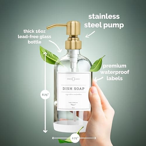 Vine Creations Clear Glass Soap Dispenser, 2 Pack Kitchen Soap Dispenser Set with Stainless Steel Pump, 16 oz Dish Soap and Hand Soap Dispensers for Bathroom with Waterproof Labels 6