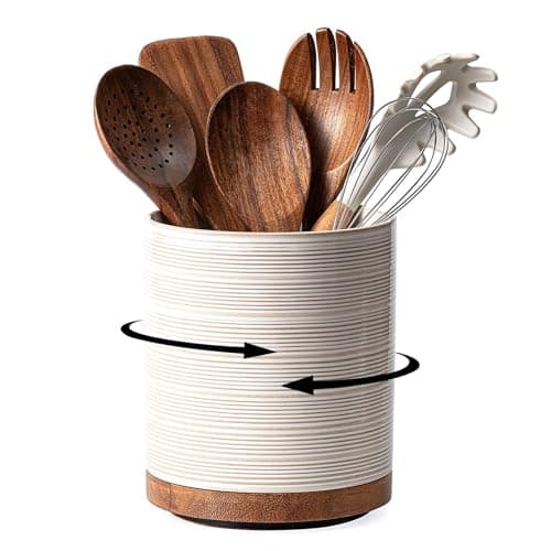 Utensil Holder, 360° Rotating Extra Large Ceramic Kitchen Utensil Holder for Countertop, 7.3“ Cooking Utensil Crocks for Kitchen Counter with Rotatable Wooden Base, Farmhouse Decor, Arctic White