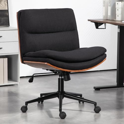 LONWIK Armless Modern Walnut Office Desk Chair with Wheels, Adjustable Wide Swivel Task Chair, Ergonomic Cross Legged Fabric Chair for Conference Room, Home Office (Black)