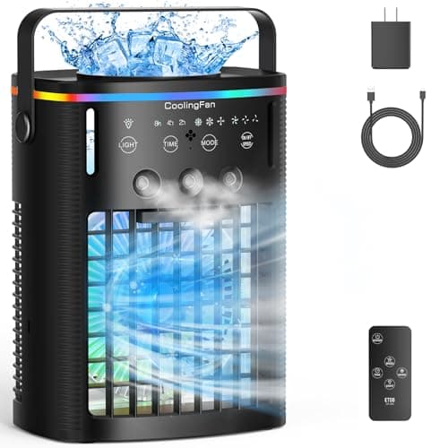 Portable Air Conditioners, Mini Air Conditioner Portable with Remote, 3 Speeds & 3 Mist, 2-8H Timer & 7 Light Evaporative Air Cooler, Personal Cooling Air Conditioner Fan for Bedroom Office Desk