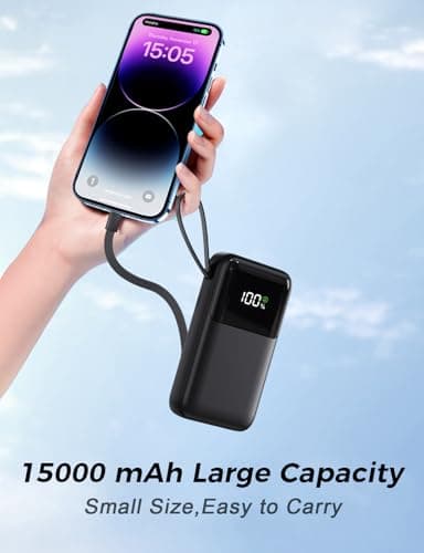 Power Bank, 15000mAh Portable Charger with Built in Cable, 22.5W Fast Charging, 6 Outputs, Slim Travel Essential Battery Pack with LED Display, Compatible with iPhone 17/16/15/14/13, iPad Black 5