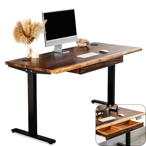 Standing Desk with Drawer – Walnut Solid Wood Desk, Natural Live Edge, Adjustable Height Dual Motor, Sit Stand for Home Office (Black, W48 x D27)