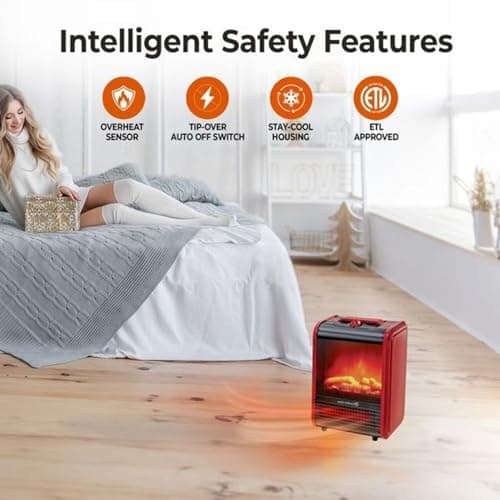 Comfort Zone Electric Mini Fireplace Space Heater with Realistic 3D Flame, Stay-Cool Body, Carry Handle, Overheat Sensor, and Safety Tip-Over Switch, Ideal for Home, Bedroom, & Office, 1,200W, CZFP1 6