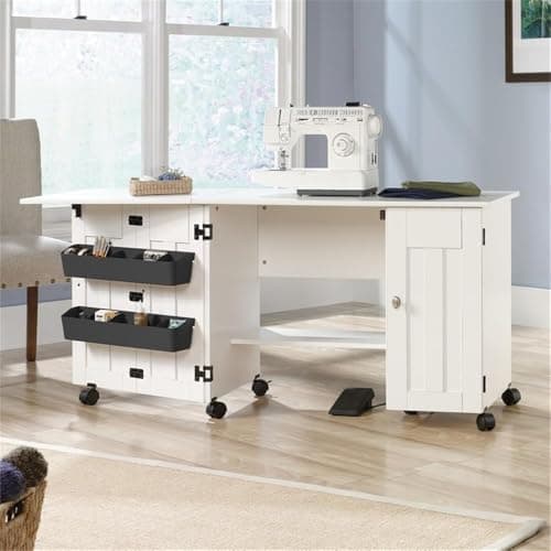 Sauder Folding SewingTable & Craft Cart Storage Cabinet, in Soft White 8