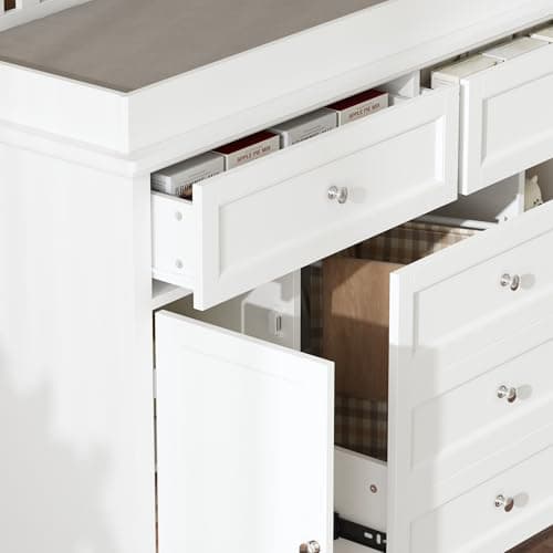 ROMSHINE Nursery Dresser with Changing Table Top, 46" W Baby Dresser with 2 Drawers, Laundry Basket & Raised Guard, Infant Diaper Changing Storage Organize Station for Nursery and Baby Bedroom, White 6