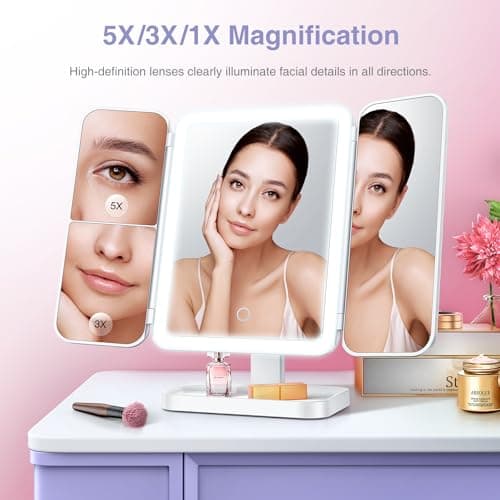 Axyra Makeup Mirror with 78 LED Lights, Rechargeable Tri-Fold Lighted Vanity Mirror, 3 Dimmable Color Lighting Modes, 1X 3X 5X Magnification, Touch Control, Lighted Makeup Mirror, Gift for Women 4